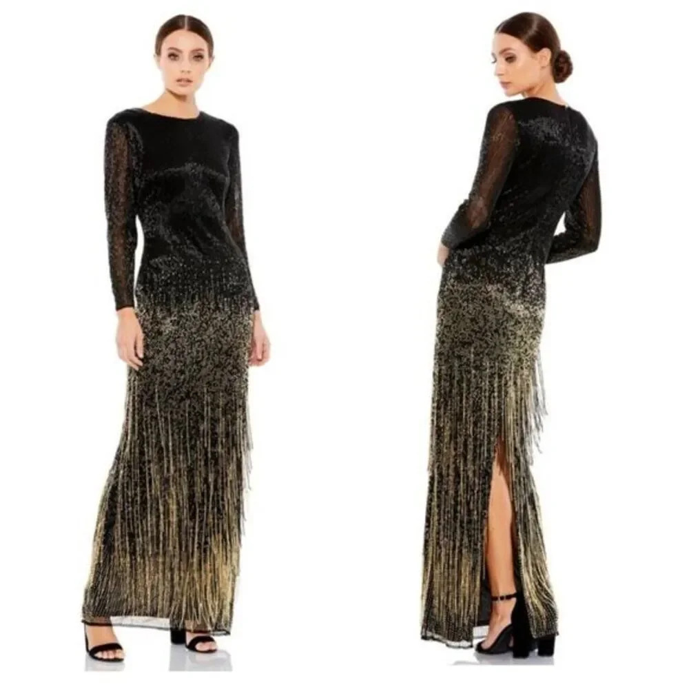 Mac Duggal LONG SLEEVE BEADED FRINGE EVENING GOWN Sz 14